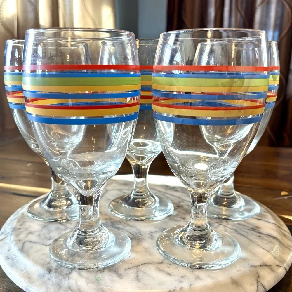 SETof5‎ VTG Libbey Mambo Fiesta Multi Striped Wine Water Glasses Stemmed Goblets